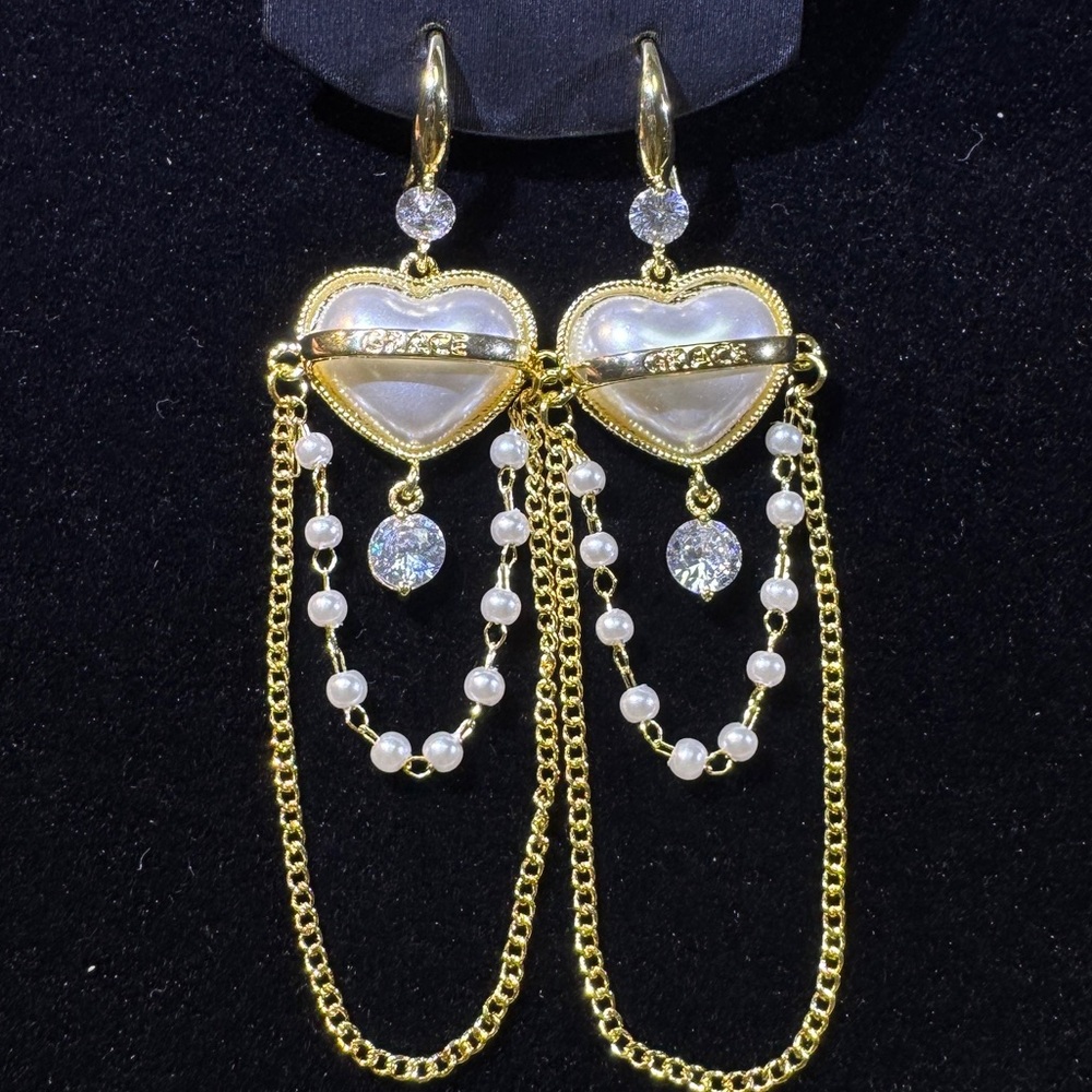 Gold Heart Pearl Drop Earrings - White & Gold